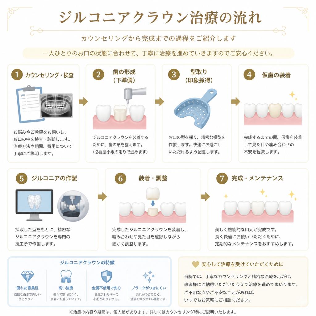 治療の流れ:安心・安全なジルコニアクラウン作成のプロセス