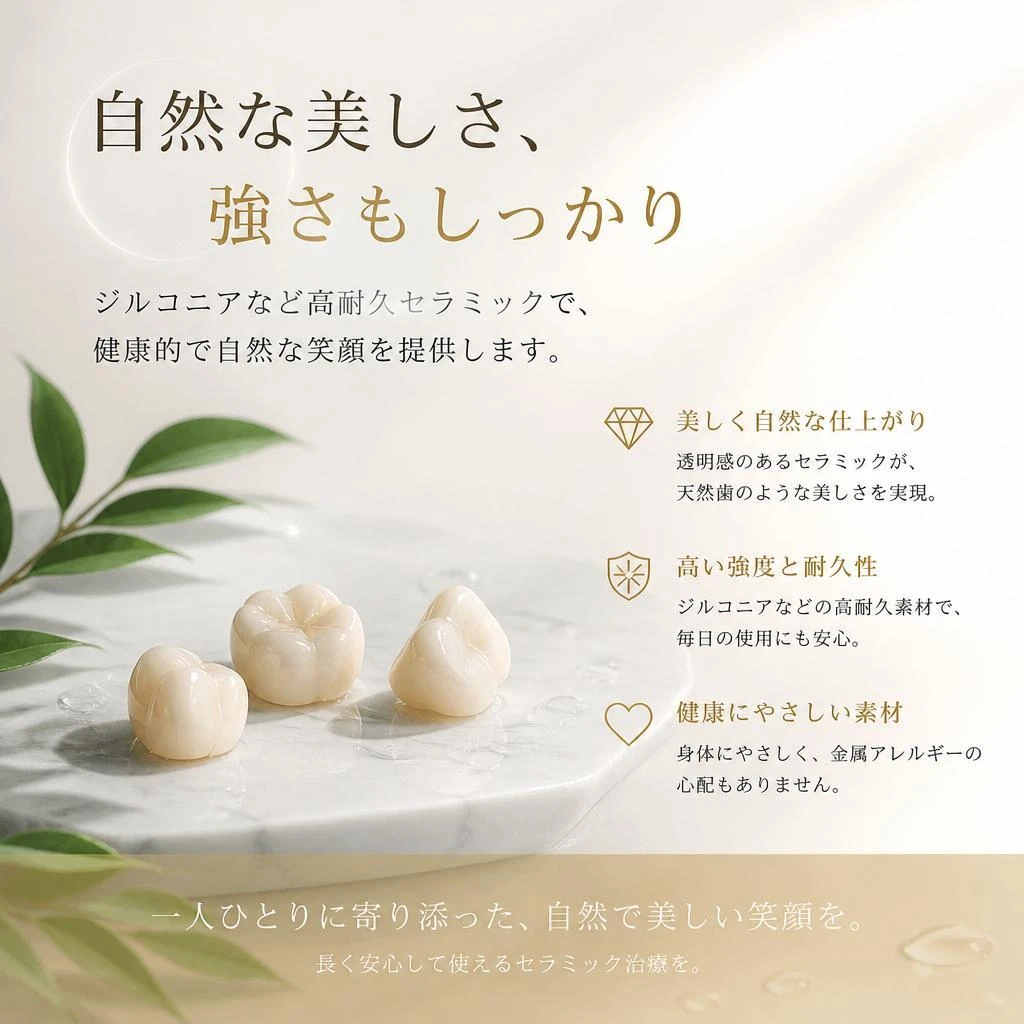 自然な美しさ、強さもしっかり<br>ジルコニアなど高耐久セラミックで、健康的で自然な笑顔を提供します。